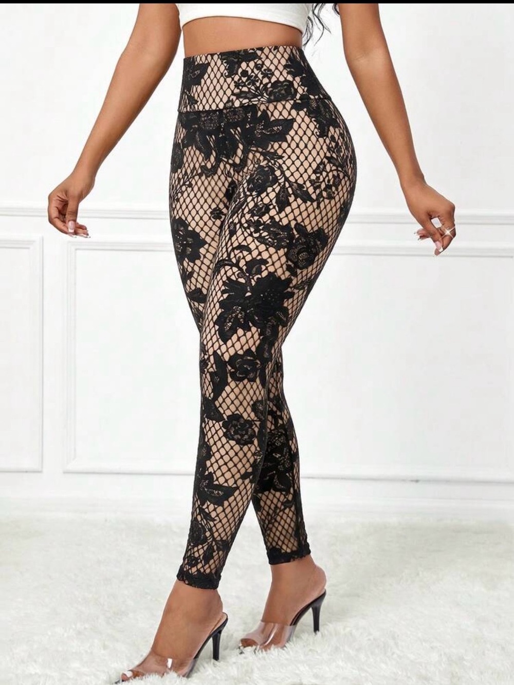 SHEIN Black Floral Lace Overlay Nude-Base High-Waist Leggings